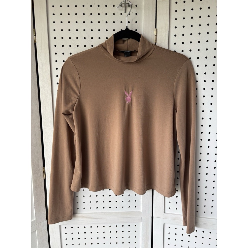 Forever 21 Playboy Bunny Mock Neck Long SLV Mocha Brown Tee Top Women's M